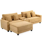 Canapé d'angle surdimensionné en velours côtelé de 284 cm avec pouf, oreillers et ports de chargement