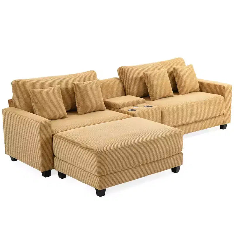Canapé d'angle surdimensionné en velours côtelé de 284 cm avec pouf, oreillers et ports de chargement