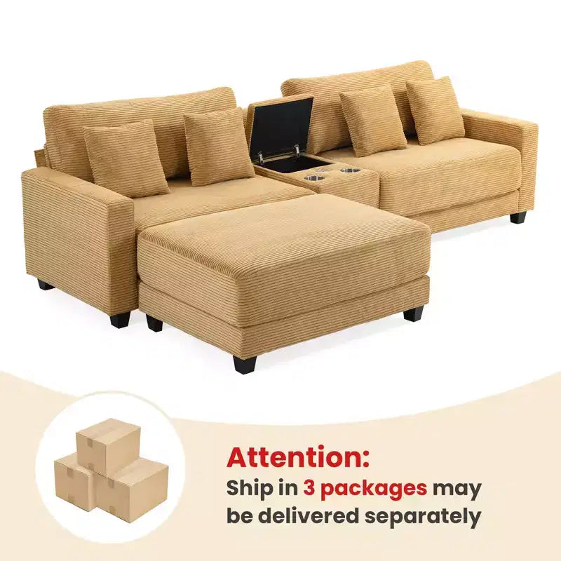 Canapé d'angle surdimensionné en velours côtelé de 284 cm avec pouf, oreillers et ports de chargement