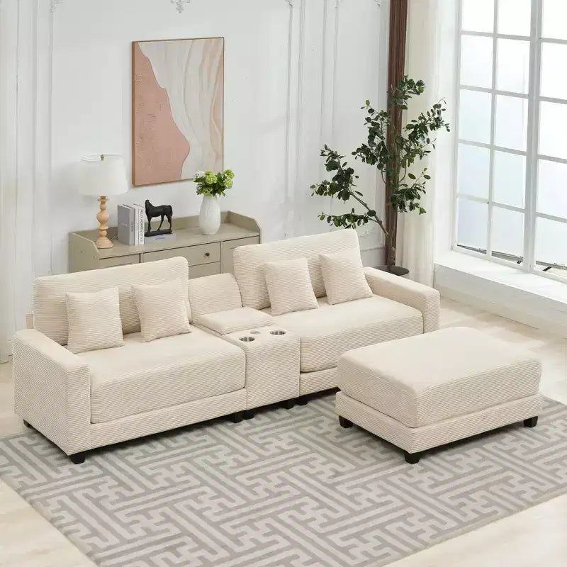 Canapé d'angle surdimensionné en velours côtelé de 284 cm avec pouf, oreillers et ports de chargement
