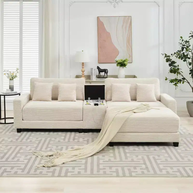 Canapé d'angle surdimensionné en velours côtelé de 284 cm avec pouf, oreillers et ports de chargement