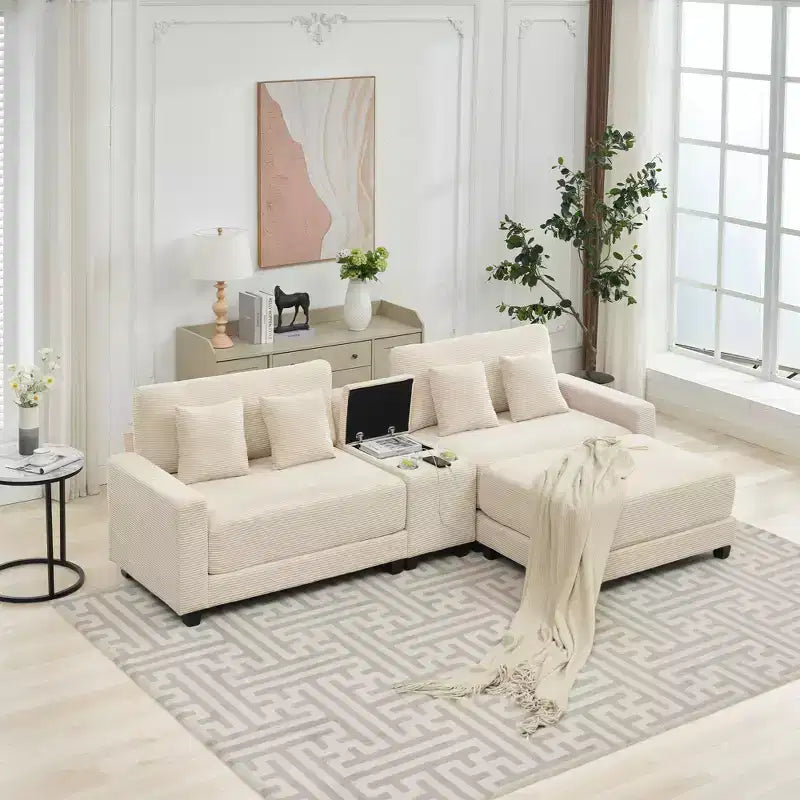 Canapé d'angle surdimensionné en velours côtelé de 284 cm avec pouf, oreillers et ports de chargement