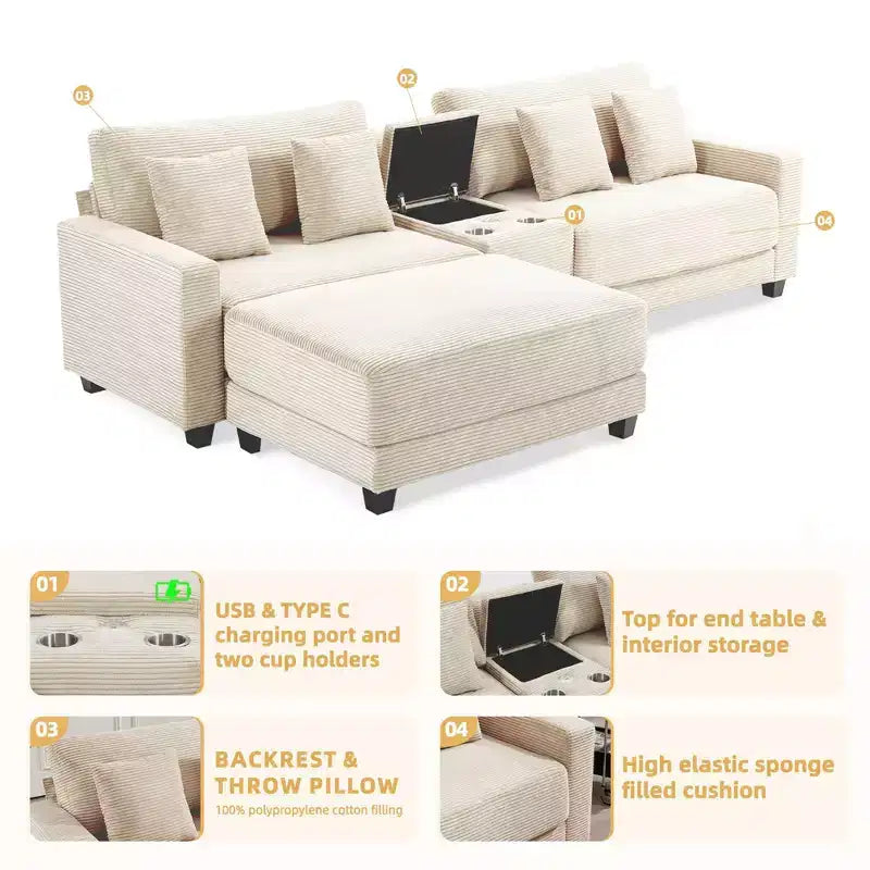 Canapé d'angle surdimensionné en velours côtelé de 284 cm avec pouf, oreillers et ports de chargement
