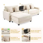 Canapé d'angle surdimensionné en velours côtelé de 284 cm avec pouf, oreillers et ports de chargement
