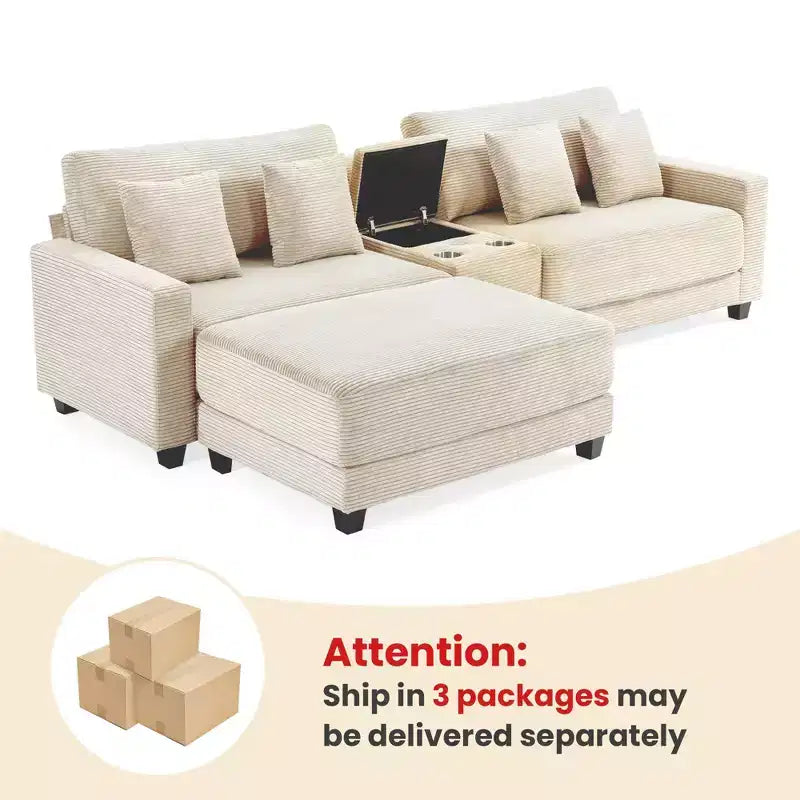 Canapé d'angle surdimensionné en velours côtelé de 284 cm avec pouf, oreillers et ports de chargement