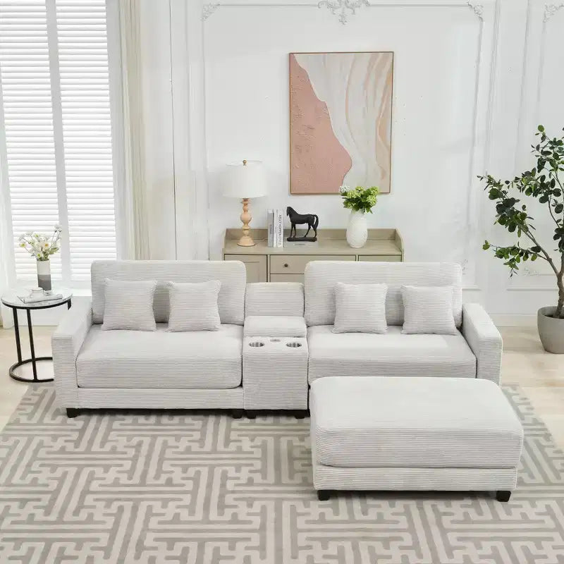 Canapé d'angle surdimensionné en velours côtelé de 284 cm avec pouf, oreillers et ports de chargement