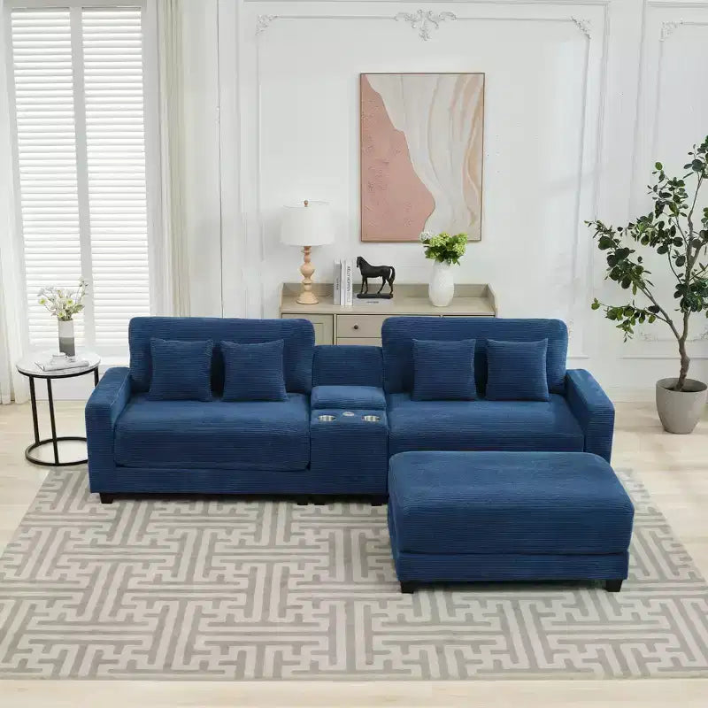 Canapé d'angle surdimensionné en velours côtelé de 284 cm avec pouf, oreillers et ports de chargement