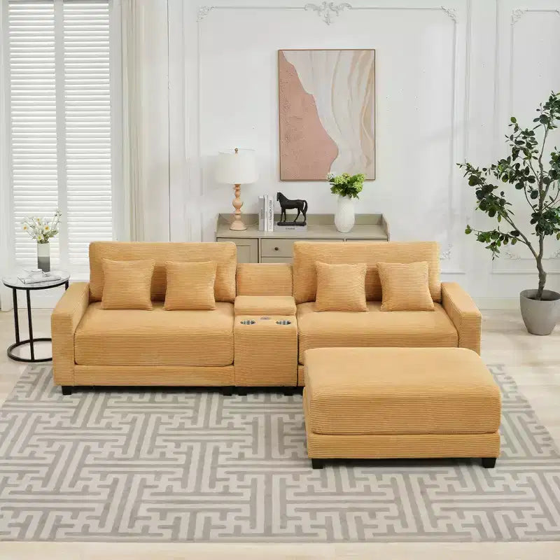 Canapé d'angle surdimensionné en velours côtelé de 284 cm avec pouf, oreillers et ports de chargement