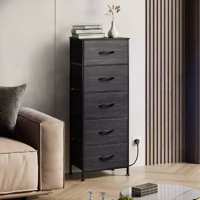 Commode haute en tissu à 5 tiroirs avec plateau en bois, meuble de rangement pour chambre, placard, couloir, cadre en acier robuste