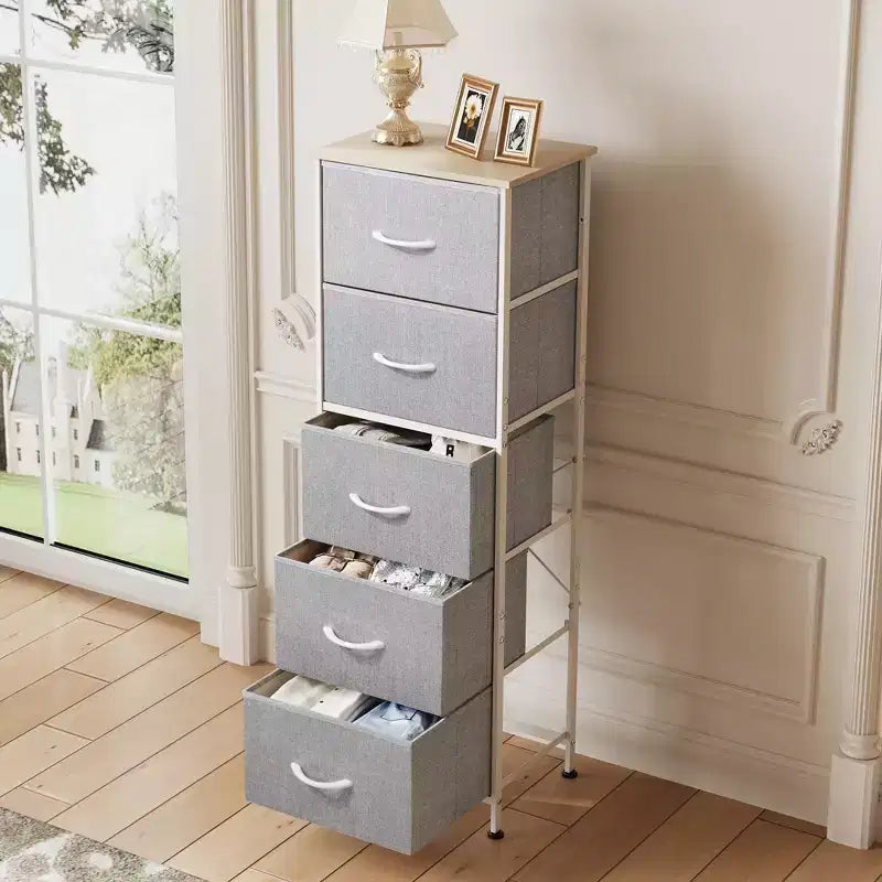 Commode haute en tissu à 5 tiroirs avec plateau en bois, meuble de rangement pour chambre, placard, couloir, cadre en acier robuste