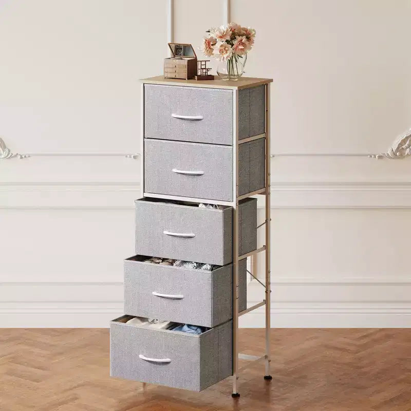 Commode haute en tissu à 5 tiroirs avec plateau en bois, meuble de rangement pour chambre, placard, couloir, cadre en acier robuste