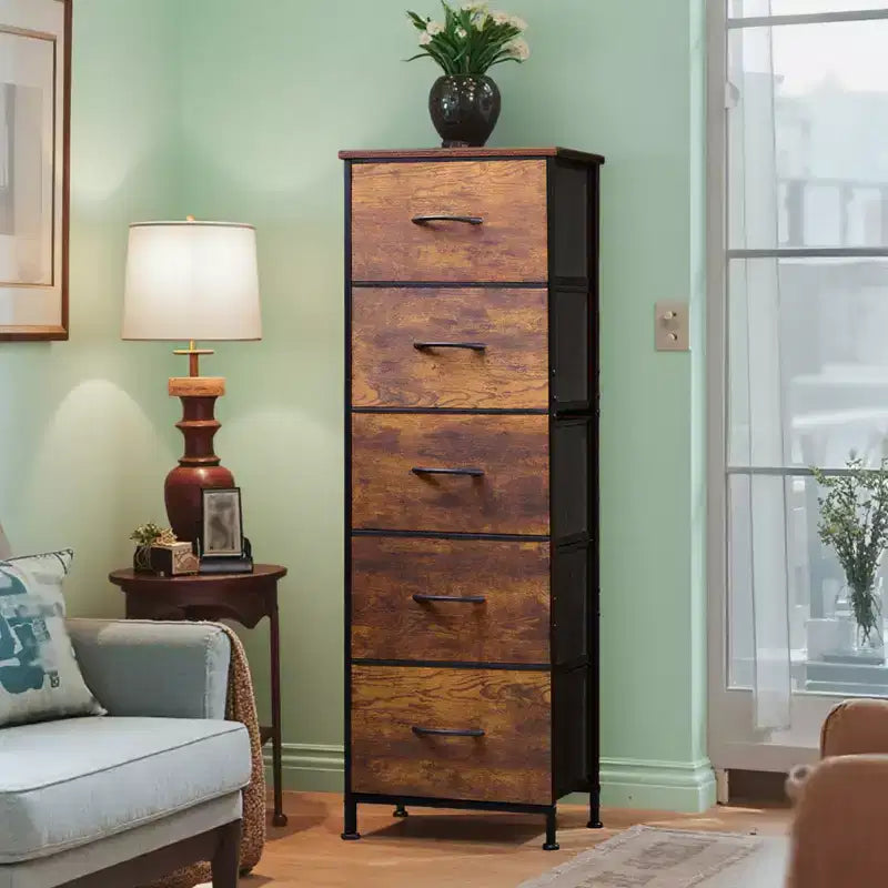Commode haute en tissu à 5 tiroirs avec plateau en bois, meuble de rangement pour chambre, placard, couloir, cadre en acier robuste