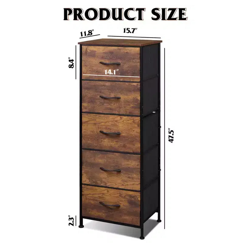 Commode haute en tissu à 5 tiroirs avec plateau en bois, meuble de rangement pour chambre, placard, couloir, cadre en acier robuste