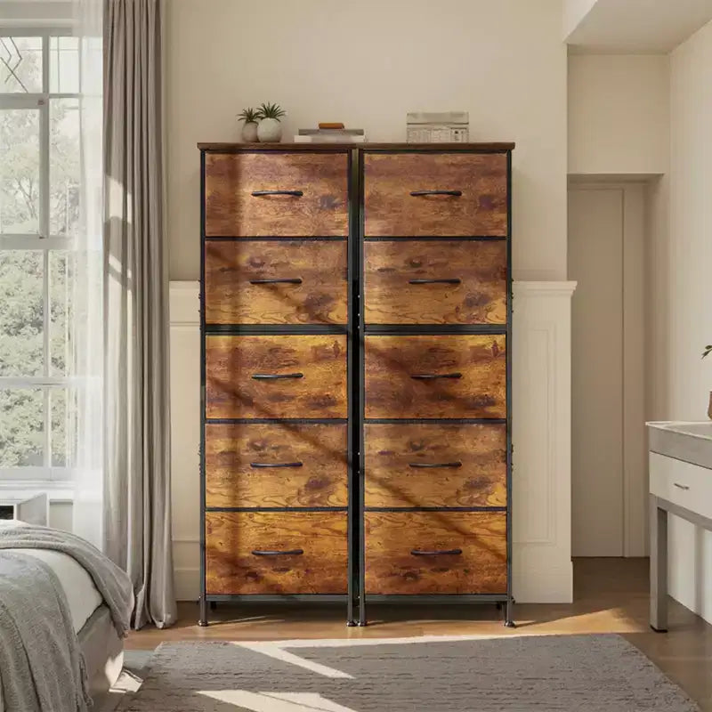 Commode haute en tissu à 5 tiroirs avec plateau en bois, meuble de rangement pour chambre, placard, couloir, cadre en acier robuste