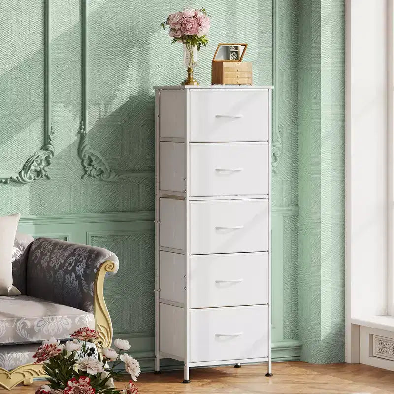 Commode haute en tissu à 5 tiroirs avec plateau en bois, meuble de rangement pour chambre, placard, couloir, cadre en acier robuste