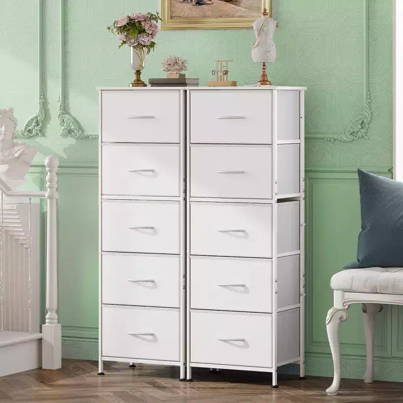 Commode haute en tissu à 5 tiroirs avec plateau en bois, meuble de rangement pour chambre, placard, couloir, cadre en acier robuste