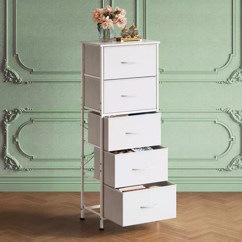 Commode haute en tissu à 5 tiroirs avec plateau en bois, meuble de rangement pour chambre, placard, couloir, cadre en acier robuste