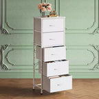 Commode haute en tissu à 5 tiroirs avec plateau en bois, meuble de rangement pour chambre, placard, couloir, cadre en acier robuste