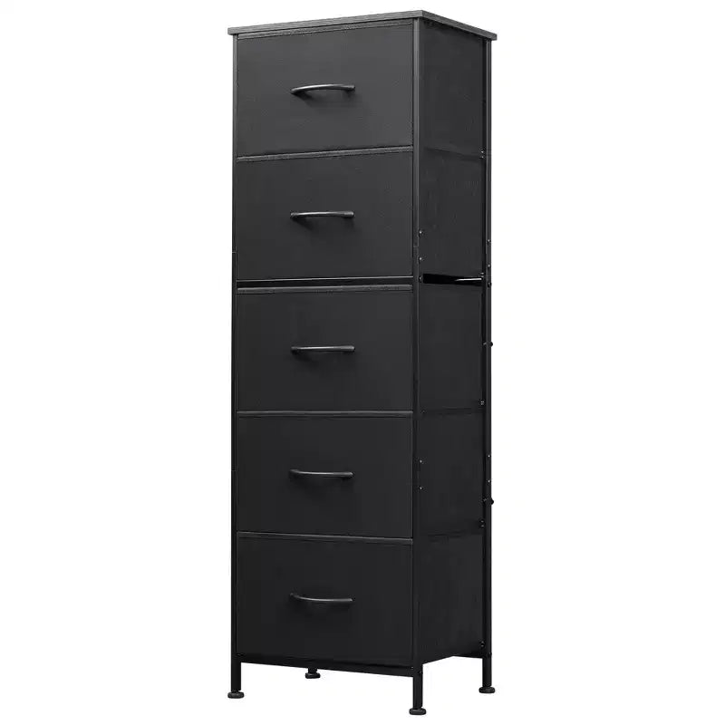5-Drawer Tall Fabric Dresser with Wood Top, Storage Organizer Chest for Bedroom, Closet, Hallway, Sturdy Steel Frame