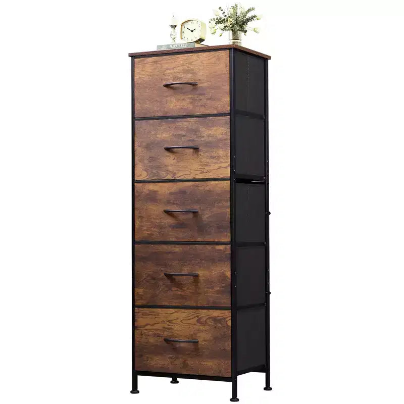 Commode haute en tissu à 5 tiroirs avec plateau en bois, meuble de rangement pour chambre, placard, couloir, cadre en acier robuste