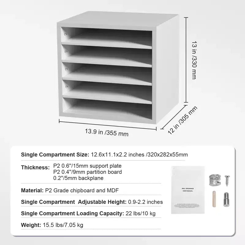 Classeurs de documents VEVOR, casier de bureau à 5 compartiments avec étagères réglables, trieur de documents en bois 35,3 x 30,5 x 33 cm, certifié EPA