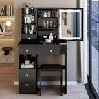 Okak Vanity Table and Chair Set with High Capacity Storage,29.2 Left Drawer Desktop Vanity Table with Extra Large Touch Control LED Mirror,Black