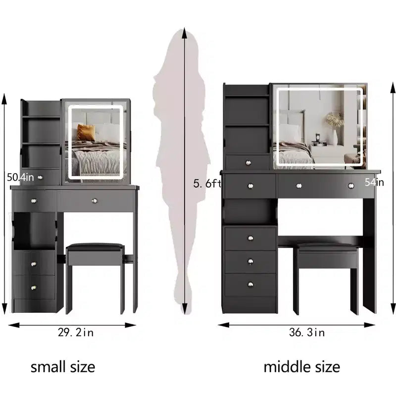 Coiffeuse avec miroir LED et tabouret – Noir