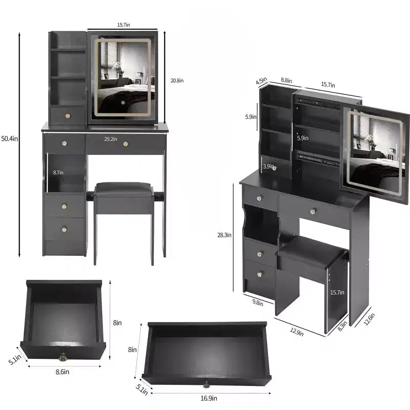 Coiffeuse avec miroir LED et tabouret – Noir