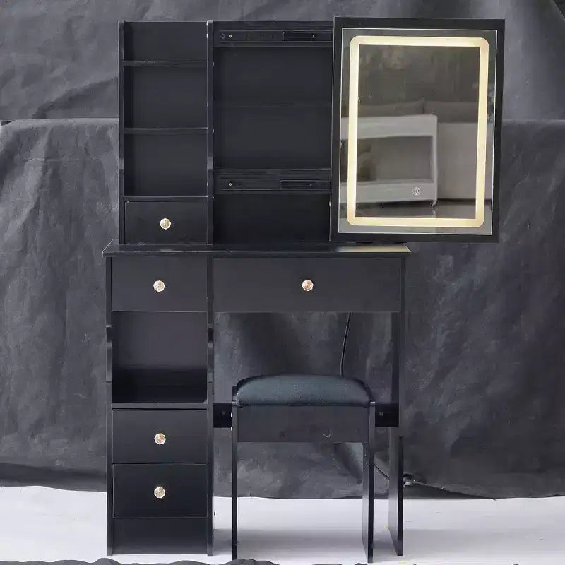 Coiffeuse avec miroir LED et tabouret – Noir