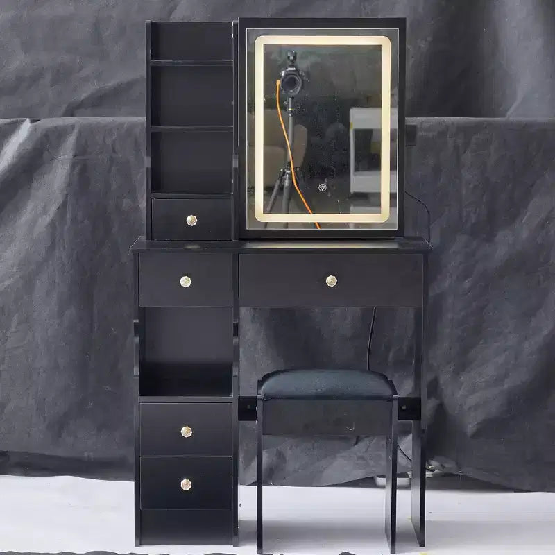 Coiffeuse avec miroir LED et tabouret – Noir
