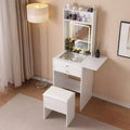 Okak Vanity Desk with Tempered Glass Top, Makeup Table, 2 Drawers & Storage Stool for Apartment Bedrooms