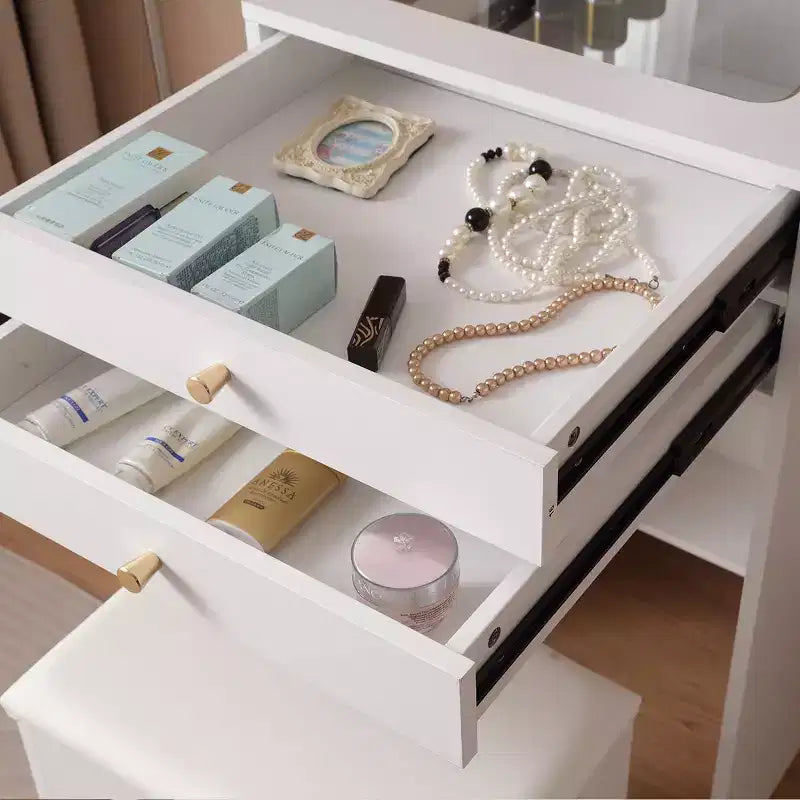Coiffeuse avec plateau en verre trempé, table de maquillage avec 2 tiroirs et tabouret de rangement