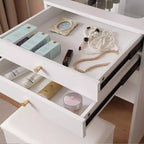 Coiffeuse avec plateau en verre trempé, table de maquillage avec 2 tiroirs et tabouret de rangement