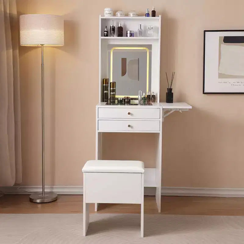 Coiffeuse avec plateau en verre trempé, table de maquillage avec 2 tiroirs et tabouret de rangement