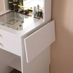 Coiffeuse avec plateau en verre trempé, table de maquillage avec 2 tiroirs et tabouret de rangement