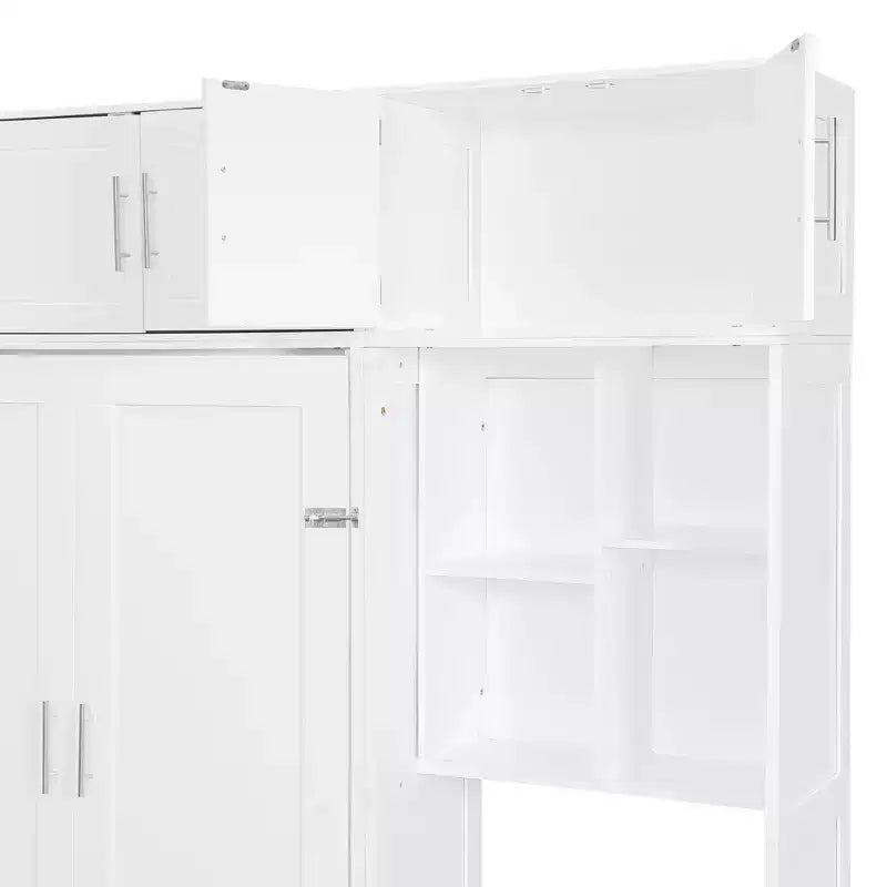 Lit escamotable mural pleine/double taille avec bureau, armoire supérieure et étagères de rangement – Blanc/Gris