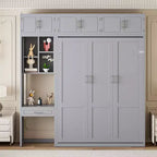 Lit escamotable mural pleine/double taille avec bureau, armoire supérieure et étagères de rangement – Blanc/Gris