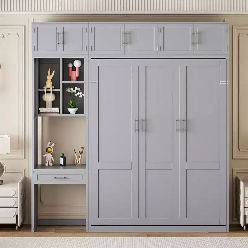 Lit escamotable mural pleine/double taille avec bureau, armoire supérieure et étagères de rangement – Blanc/Gris