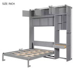 Lit escamotable mural pleine/double taille avec bureau, armoire supérieure et étagères de rangement – Blanc/Gris