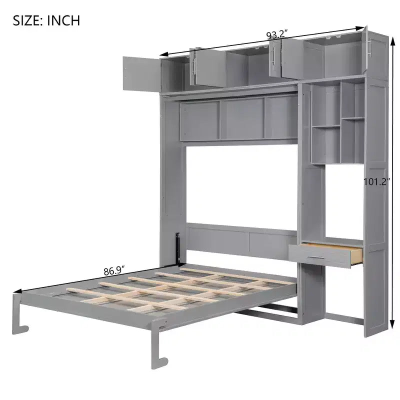 Lit escamotable mural pleine/double taille avec bureau, armoire supérieure et étagères de rangement – Blanc/Gris
