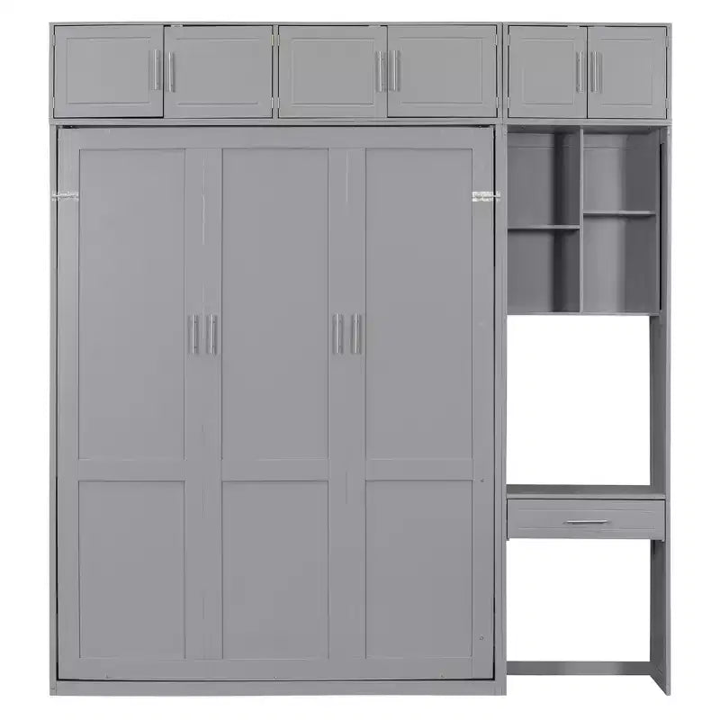 Lit escamotable mural pleine/double taille avec bureau, armoire supérieure et étagères de rangement – Blanc/Gris