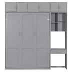 Lit escamotable mural pleine/double taille avec bureau, armoire supérieure et étagères de rangement – Blanc/Gris
