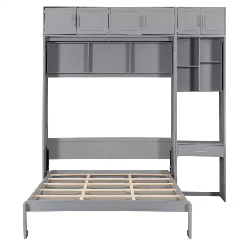 Lit escamotable mural pleine/double taille avec bureau, armoire supérieure et étagères de rangement – Blanc/Gris
