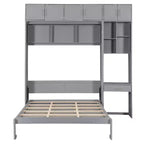 Lit escamotable mural pleine/double taille avec bureau, armoire supérieure et étagères de rangement – Blanc/Gris