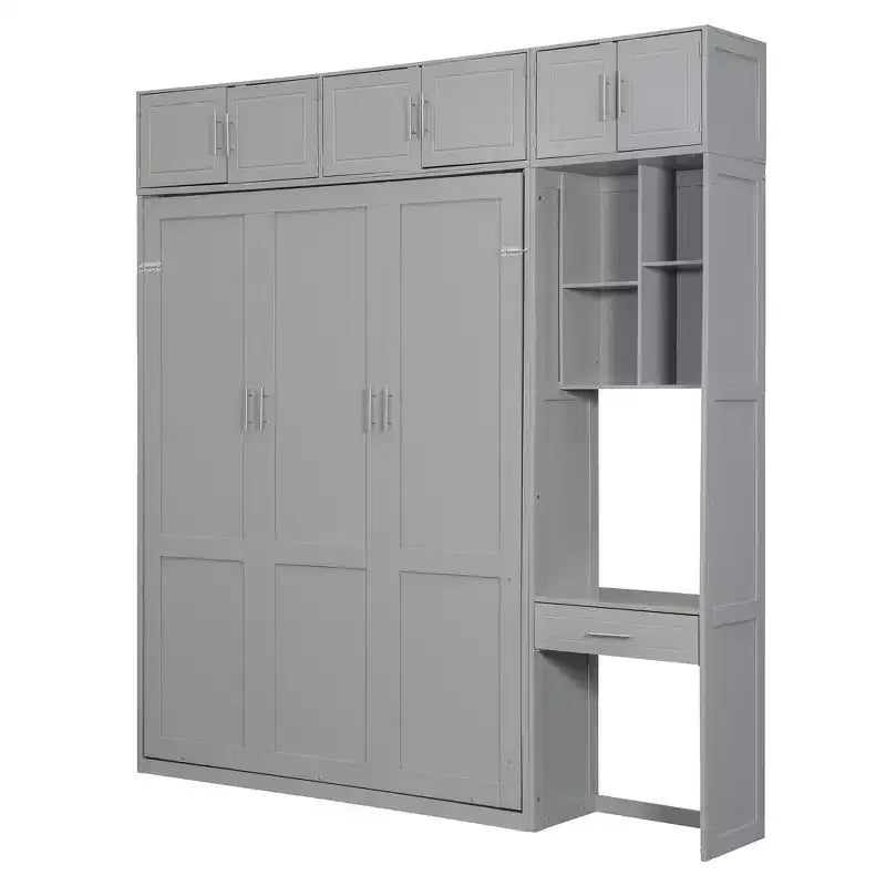 Lit escamotable mural pleine/double taille avec bureau, armoire supérieure et étagères de rangement – Blanc/Gris