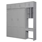 Lit escamotable mural pleine/double taille avec bureau, armoire supérieure et étagères de rangement – Blanc/Gris