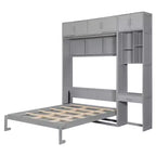 Lit escamotable mural pleine/double taille avec bureau, armoire supérieure et étagères de rangement – Blanc/Gris
