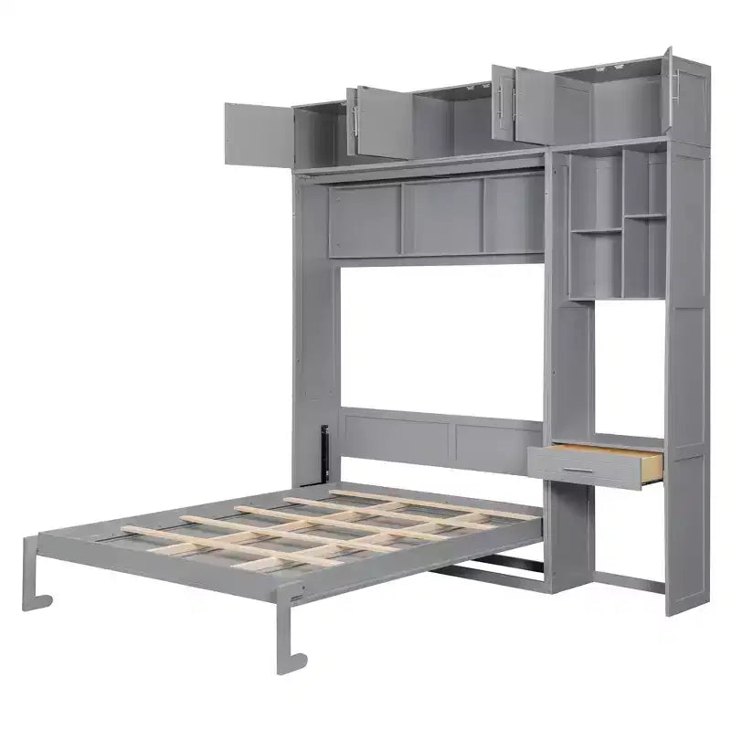 Lit escamotable mural pleine/double taille avec bureau, armoire supérieure et étagères de rangement – Blanc/Gris