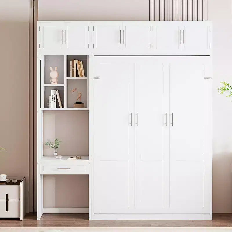 Lit escamotable mural pleine/double taille avec bureau, armoire supérieure et étagères de rangement – Blanc/Gris