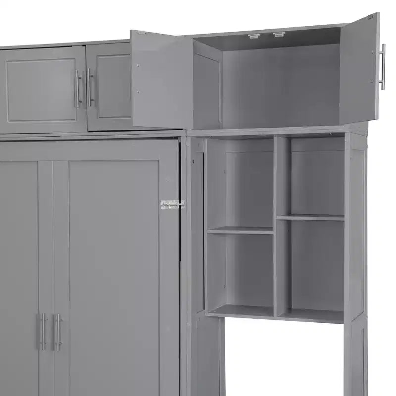 Lit escamotable mural pleine/double taille avec bureau, armoire supérieure et étagères de rangement – Blanc/Gris